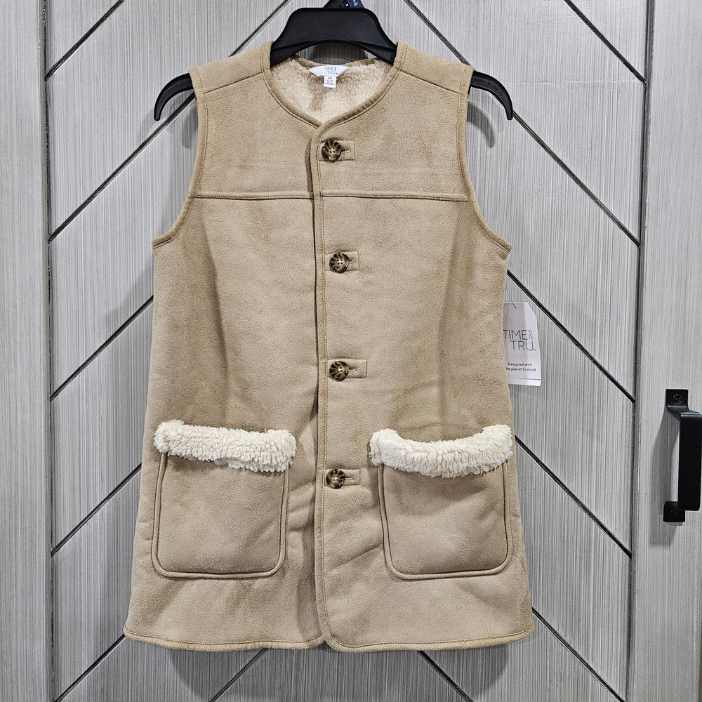Time and Tru Beige Vest with Faux Fur Accents